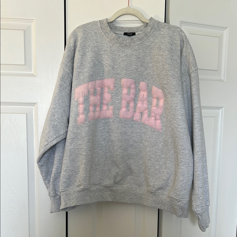 The Bar Gray Crewneck Sweater with Pink Logo